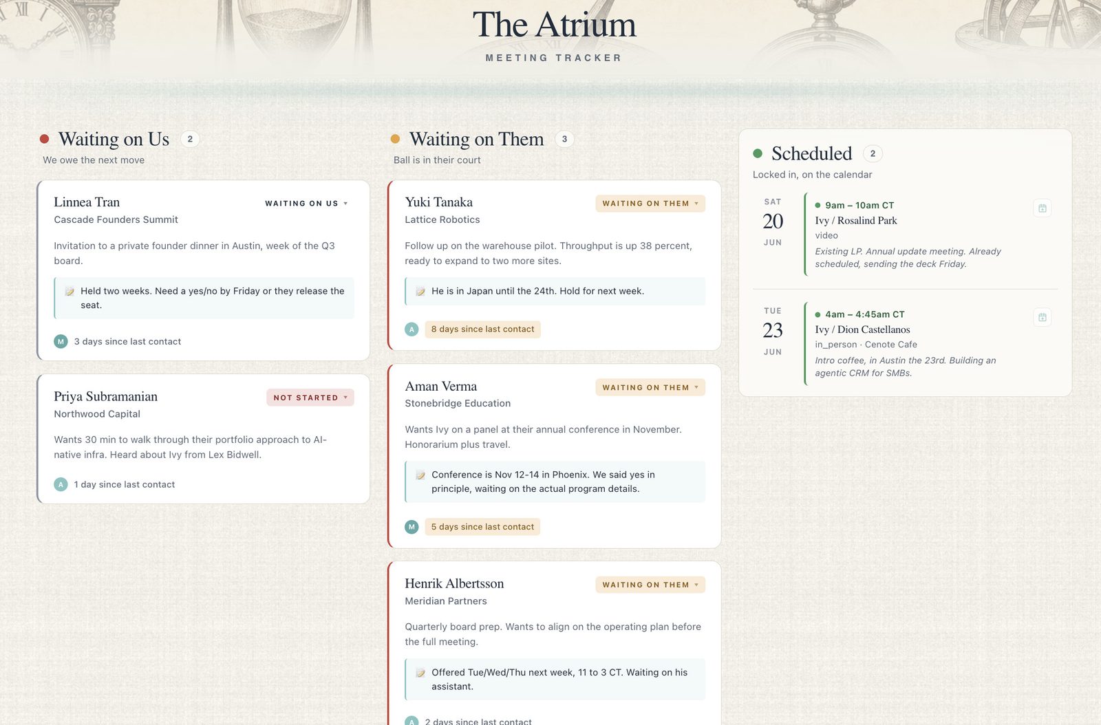 The Atrium interface with three columns (Waiting on Us, Waiting on Them, and Scheduled) tracking meeting requests