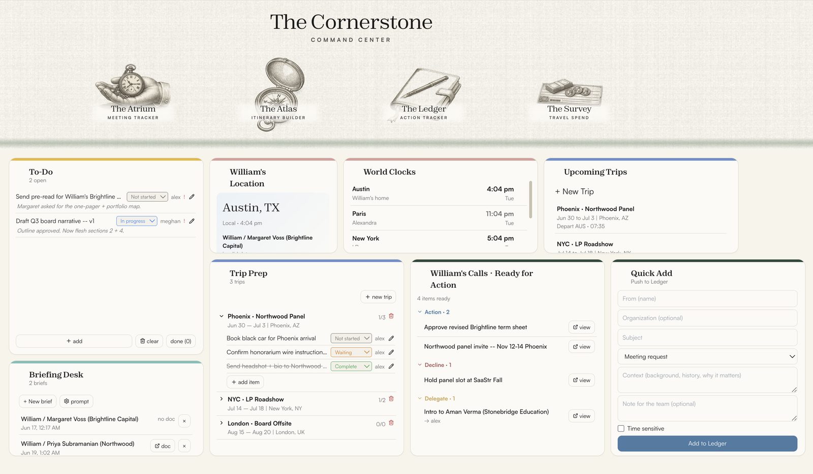 The Cornerstone command-center dashboard with drag-and-drop widgets for to-dos, location, world clocks, trip prep, and calls ready for action