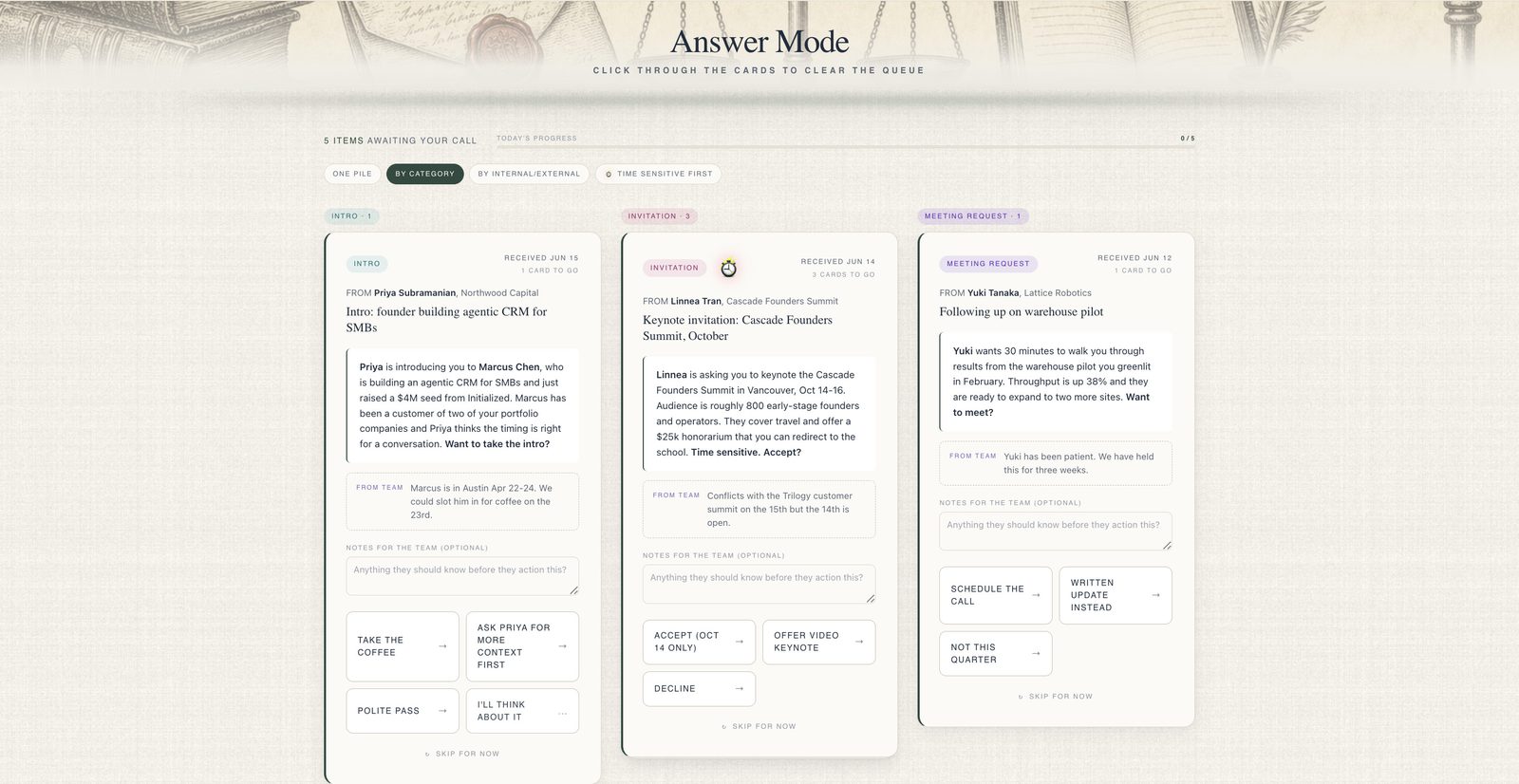 The Ledger, inbound items rendered as decision cards